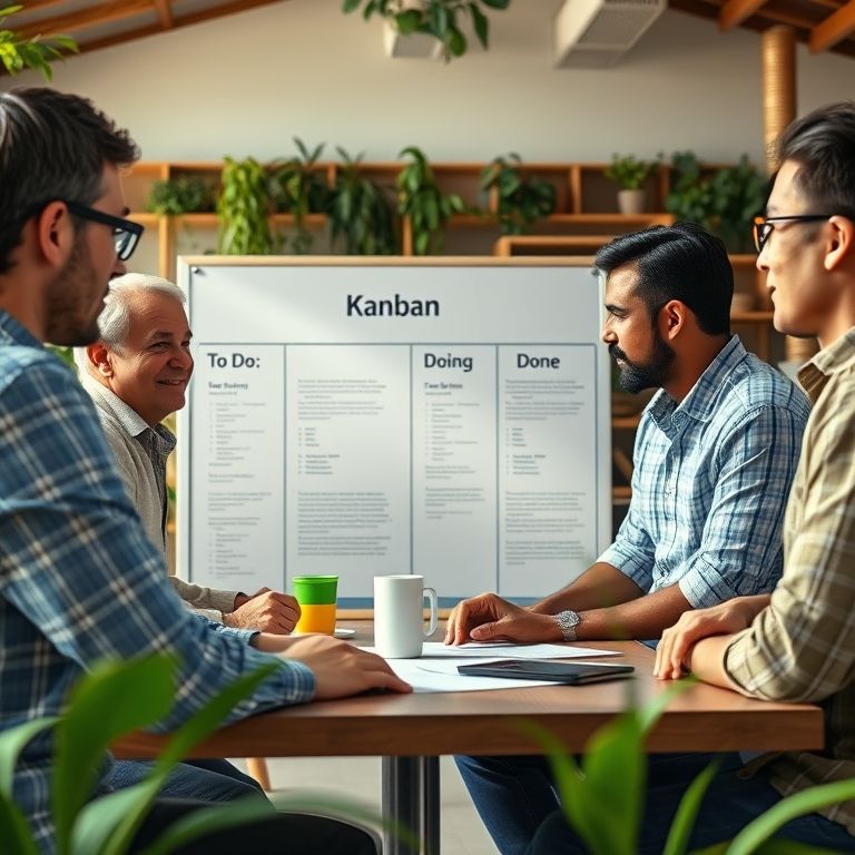 Equipe diversa participando de retrospectiva com quadro Kanban.