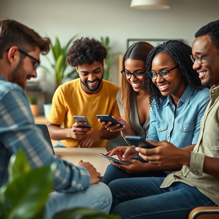 Equipe diversificada colaborando no design responsivo de uma landing page em múltiplos dispositivos.