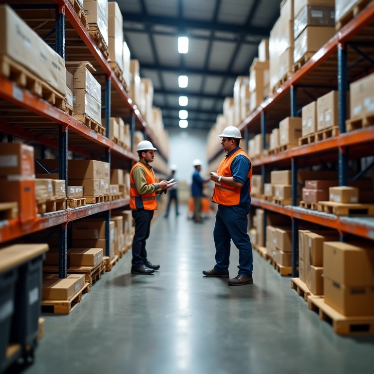 Equipe diversificada gerenciando o Custo das Mercadorias Vendidas (CMV) em armazém brasileiro moderno.