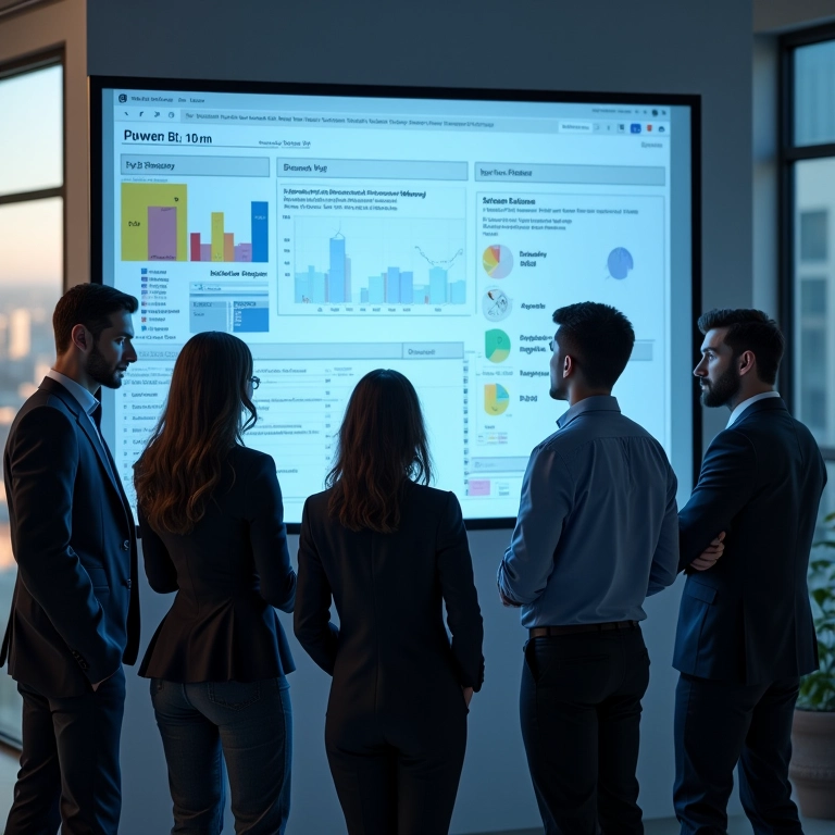 Equipe interagindo com dashboard Power BI.