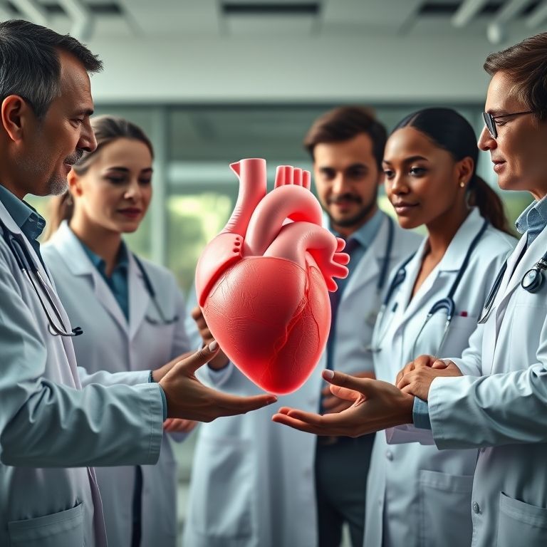 Equipe médica discutindo modelo 3D de coração gerado por IA para diagnóstico personalizado.