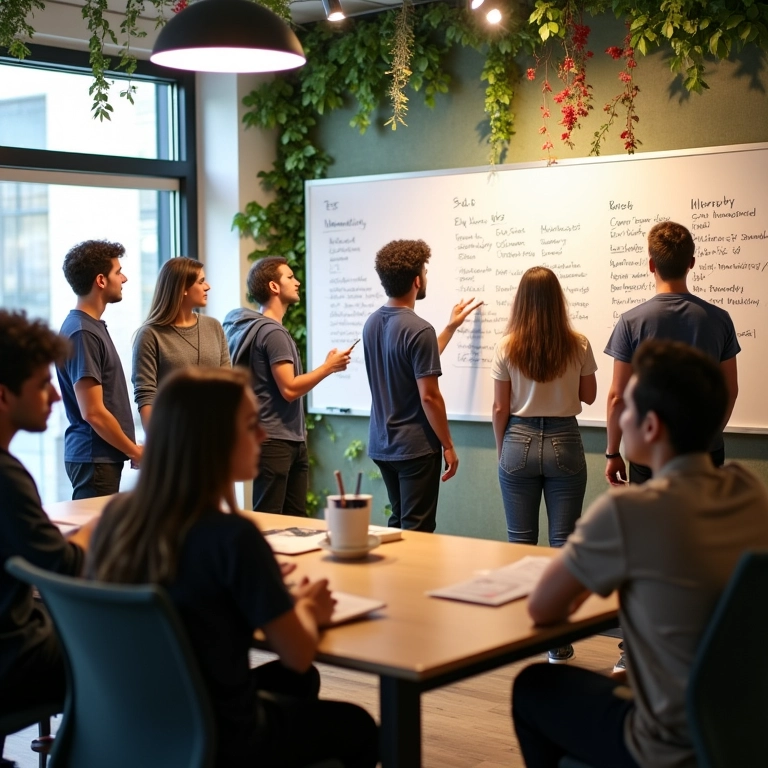 Equipe trabalhando junta em um projeto, compartilhando ideias em um escritório colaborativo.