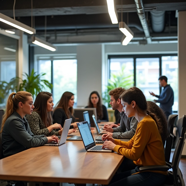 Espaço de coworking moderno com empreendedores trabalhando em laptops, representando o acesso a recursos e infraestrutura.