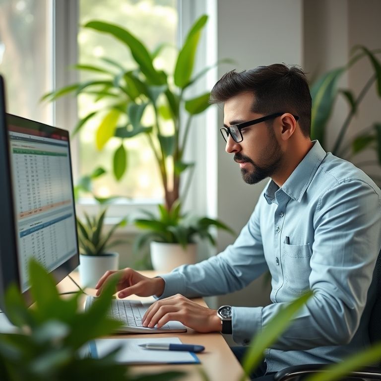 Especialista calculando custos de folha de pagamento em computador, escritório com plantas.
