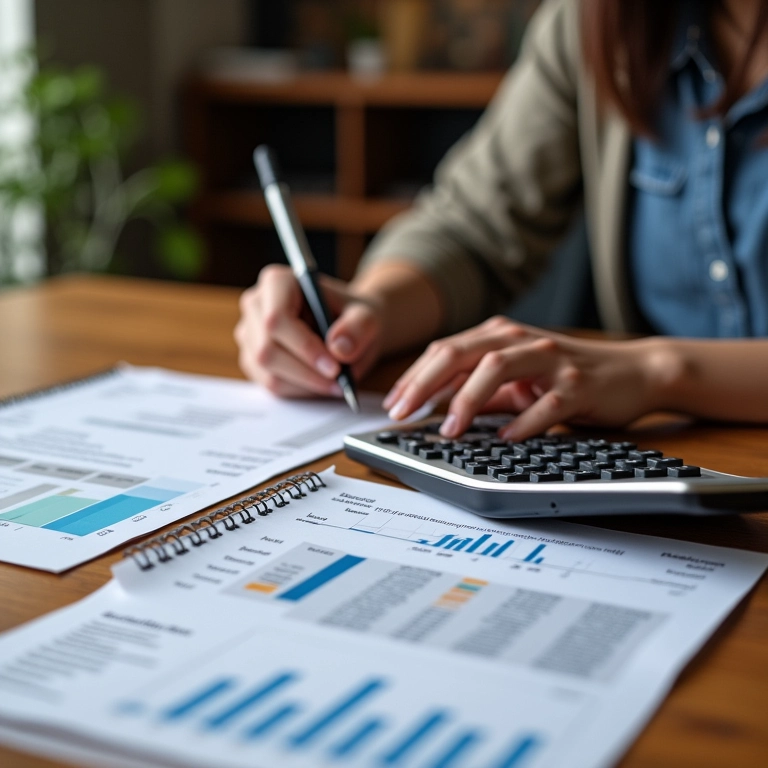 Estudante calculando custos de intercâmbio com calculadora e planilha.