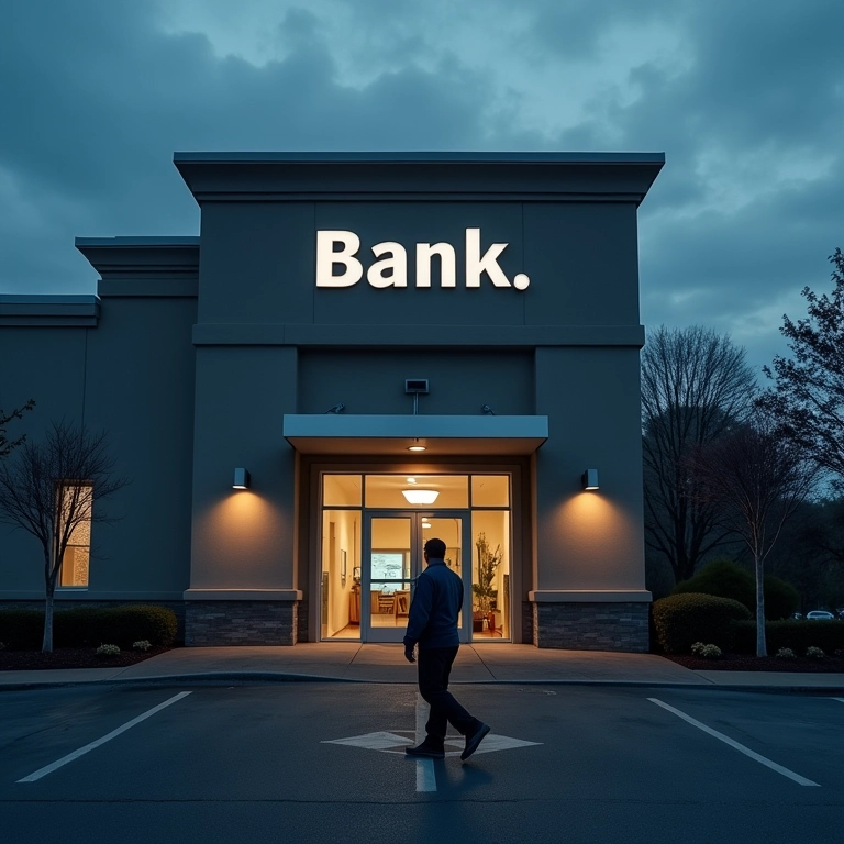 Exterior de um banco sob um céu nublado, silhueta de uma pessoa caminhando em direção à entrada, simbolizando a negociação de um imóvel retomado.