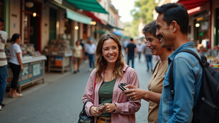 Movimentada rua de Ciudad del Este com compradores brasileiros felizes.