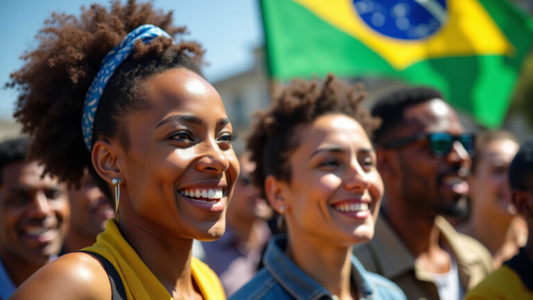 Cidadãos brasileiros diversos reunidos, sorrindo e exercendo seus direitos.