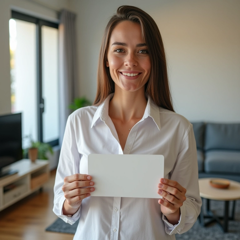 Freelancer brasileiro sorrindo e segurando um boleto bancário em um apartamento bem iluminado.