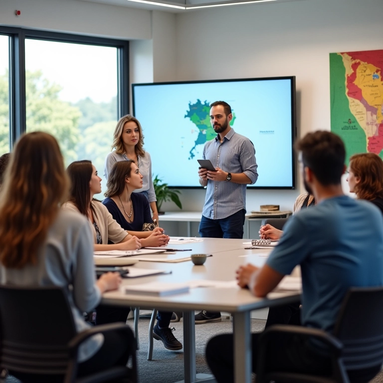 Funcionários participando de sessão de treinamento interativo em sala moderna e iluminada.
