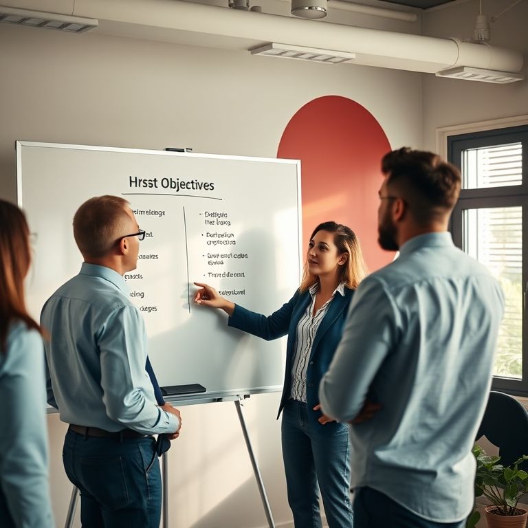 Gerente de RH definindo objetivos estratégicos em quadro branco, escritório colorido.