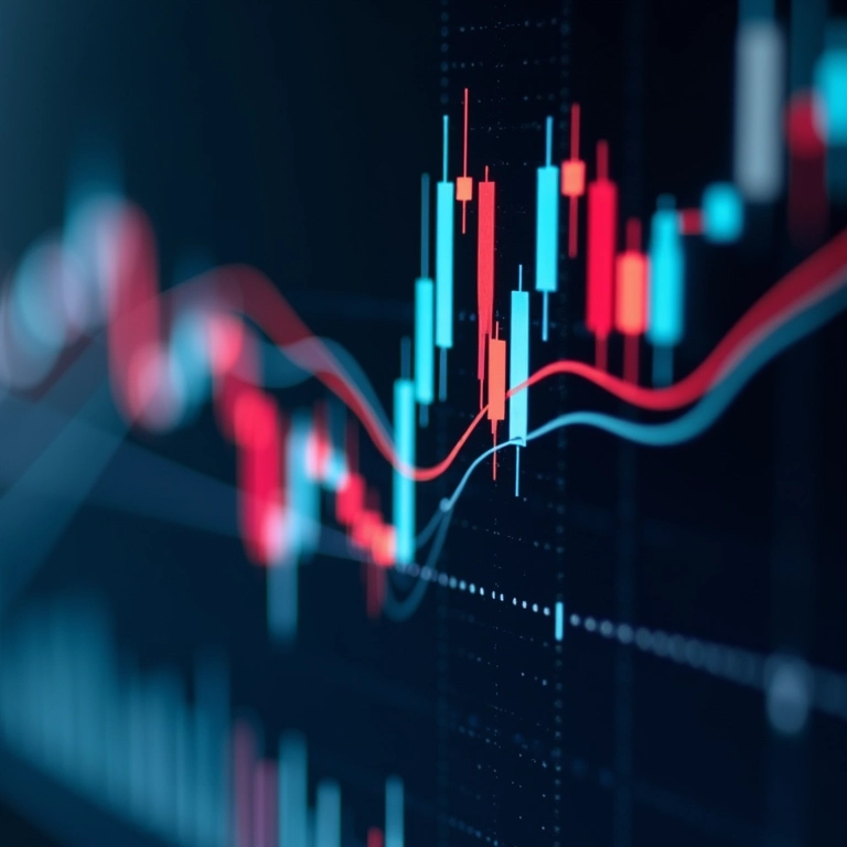 Gráfico de candlestick com indicadores técnicos sobrepostos, usado na análise técnica.