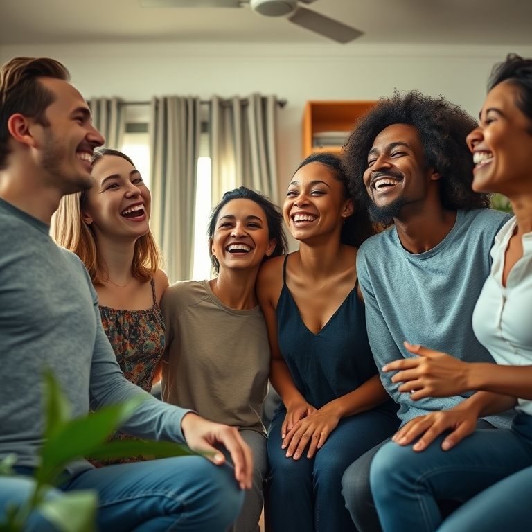 Grupo de amigos rindo, apoiando-se, antifragilidade nos relacionamentos.