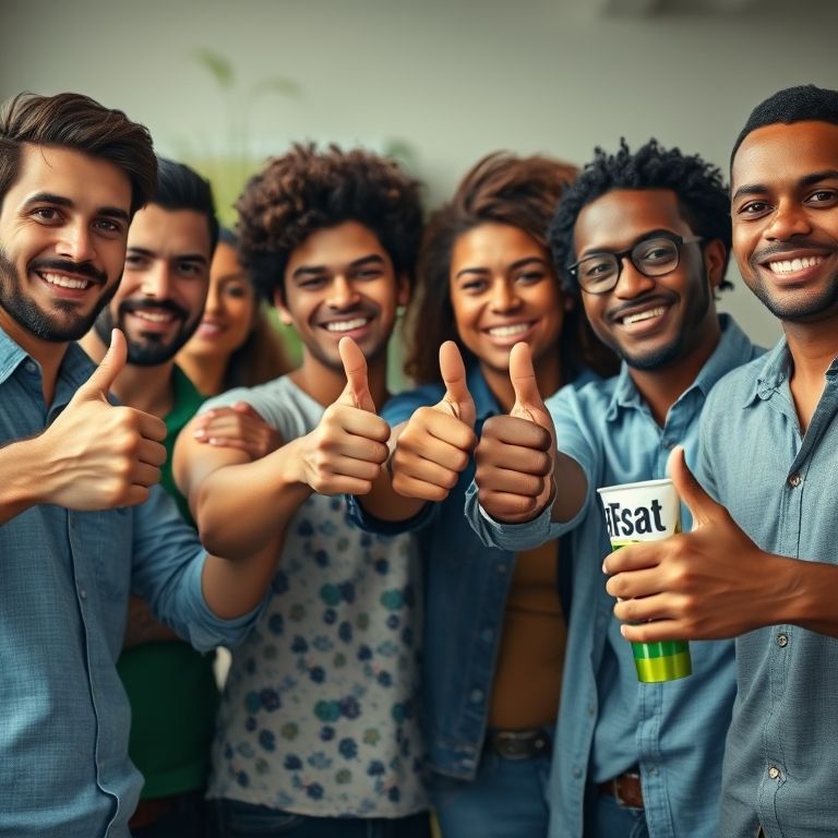 Grupo diverso aprovando produto, prova social.