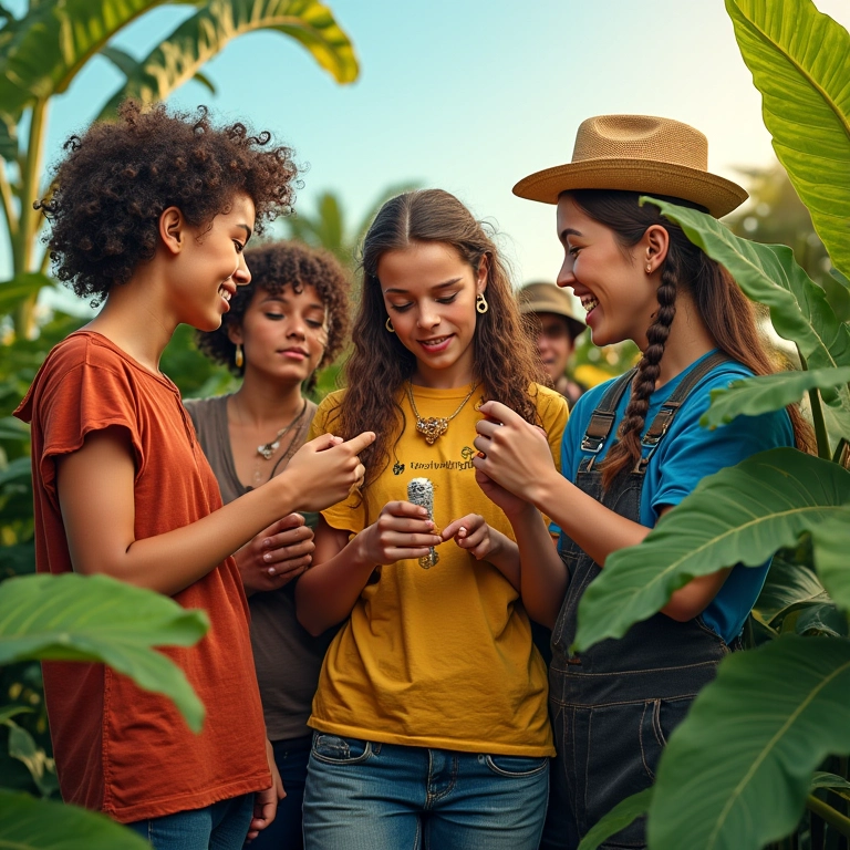 Grupo diverso colaborando em plataforma descentralizada usando criptomoedas e tokens.