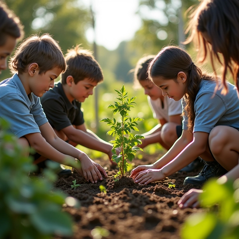 Grupo diverso de funcionários plantando árvores em ação de voluntariado.