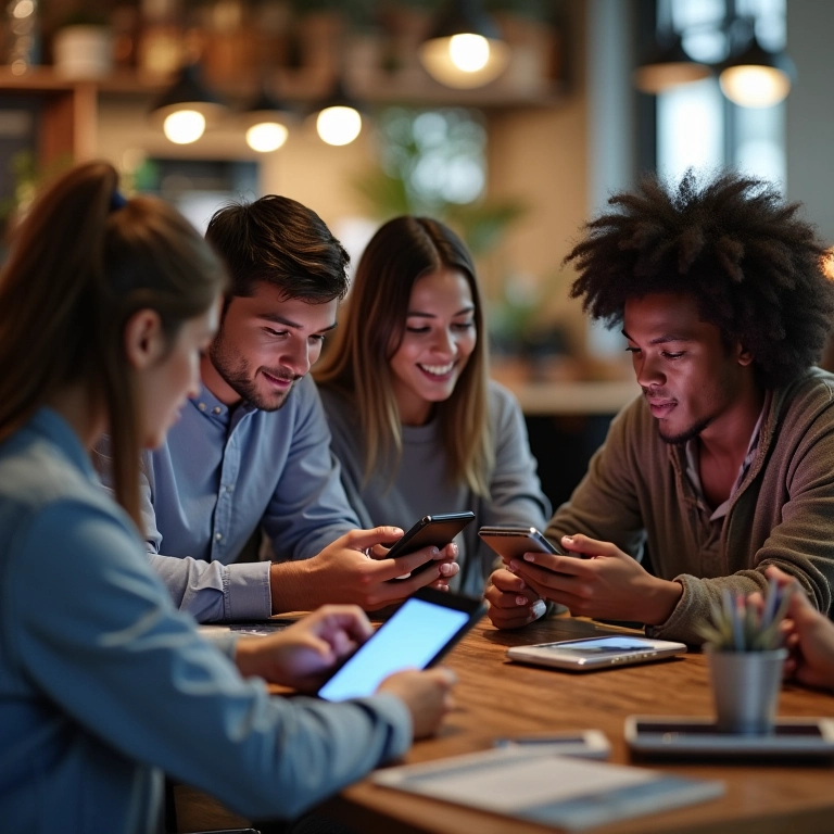 Grupo diverso interagindo com redes sociais em dispositivos móveis em uma cafeteria.