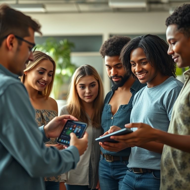 Grupo diverso testando um protótipo de produto e coletando feedback em ambiente brasileiro.