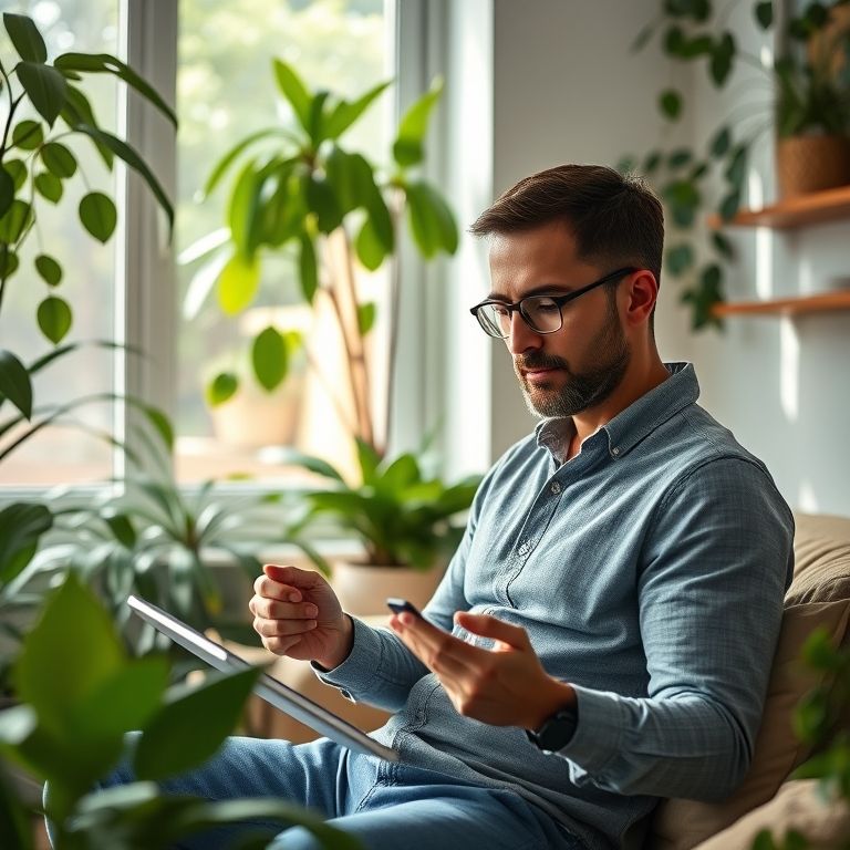 Homem calculando rentabilidade de debêntures em apartamento aconchegante com plantas.
