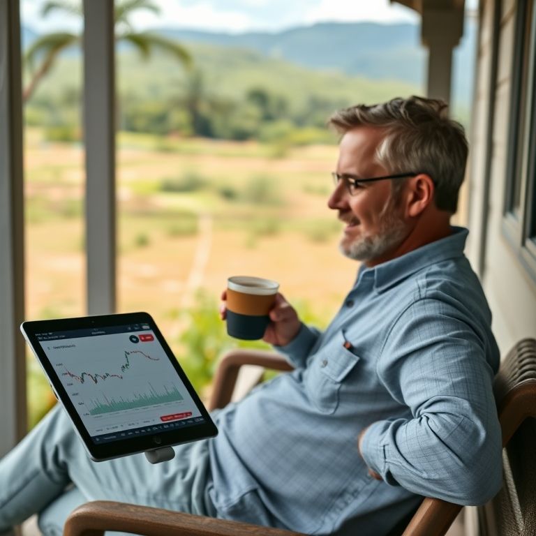 Homem relaxado analisando opções de venda (put) em um tablet com vista para o campo brasileiro.