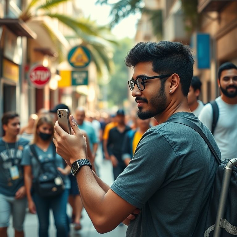 Influenciadora brasileira cria conteúdo para redes sociais em cenário urbano vibrante.