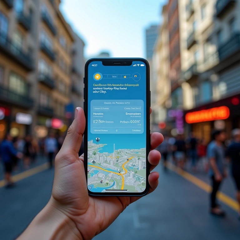 Interface de aplicativo de cidade inteligente mostrando dados de qualidade do ar e horários de transporte público.