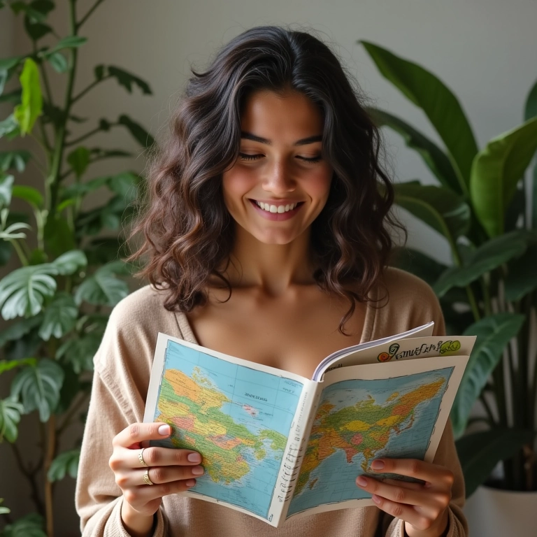 Jovem brasileira planejando destino de intercâmbio com mapa e caderno.