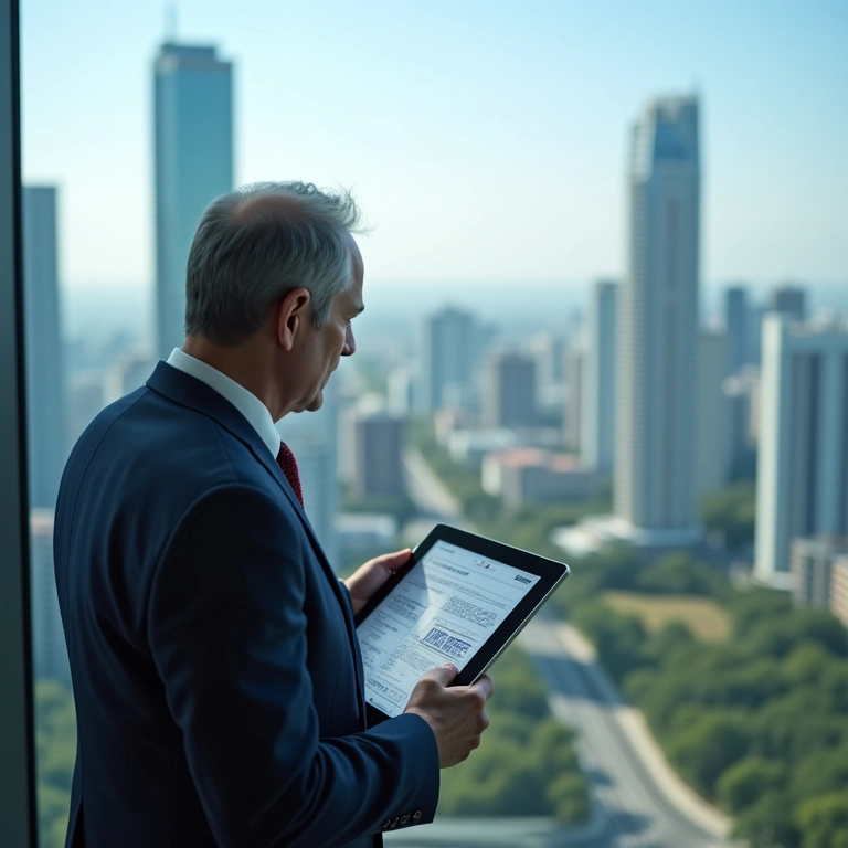 Líder sênior analisando relatórios de inovação com vista para a cidade.