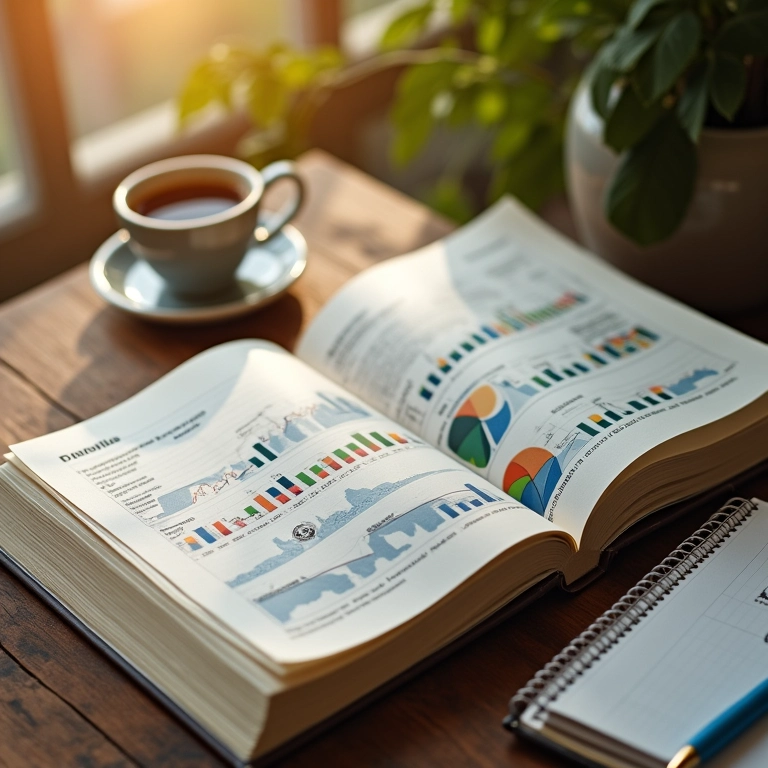 Livro aberto com gráficos financeiros e xícara de café.