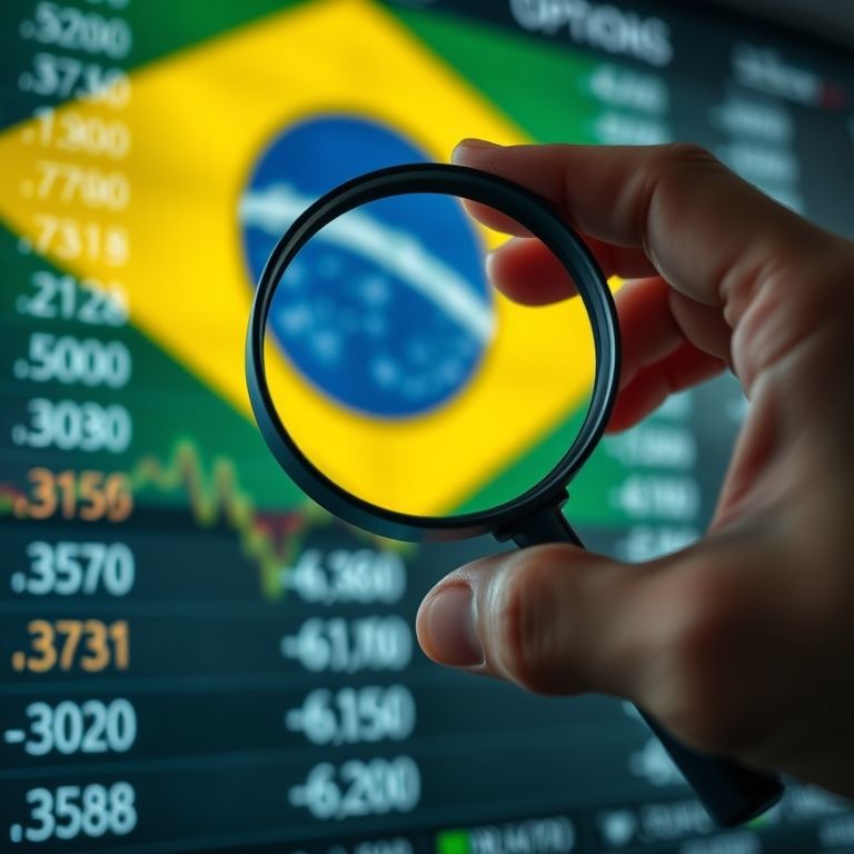 Lupa sobre ticker da bolsa, destacando dados de opções. Foco na análise e oportunidades.