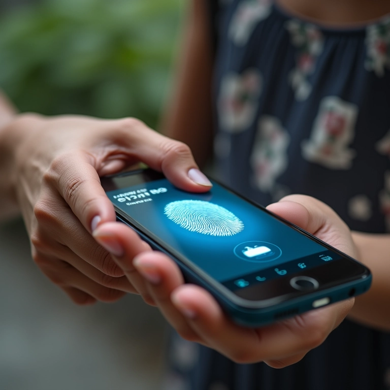 Mão usando autenticação biométrica em app bancário seguro.