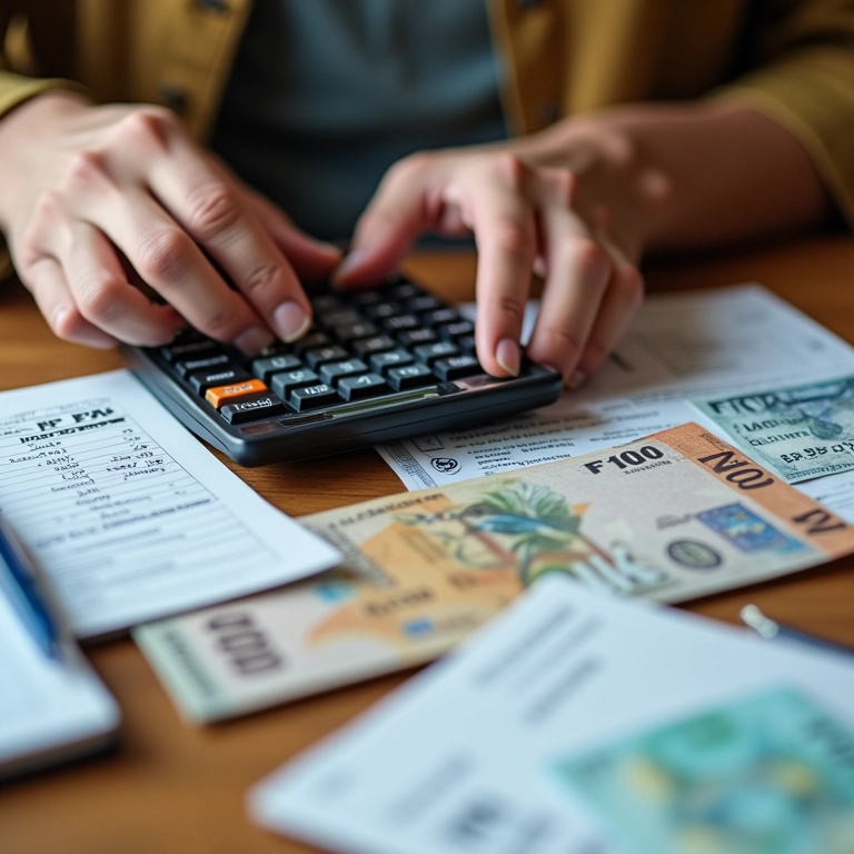 Mãos calculando renda mensal líquida com calculadora e notas.