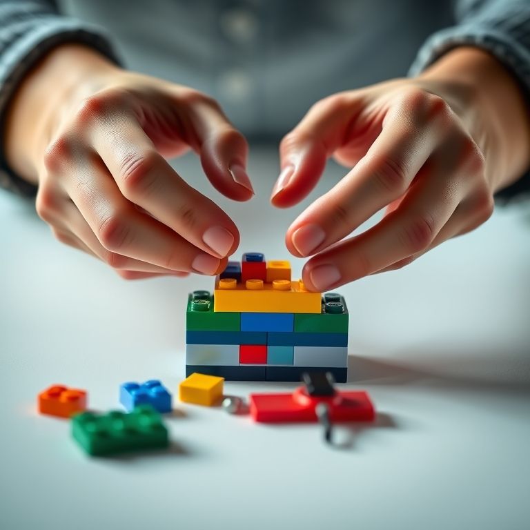 Mãos construindo um protótipo com Lego, representando um MVP.
