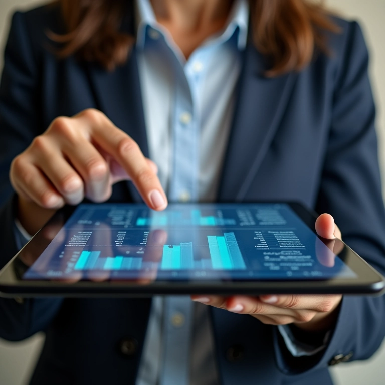 Mãos de mulher brasileira apontando para opções de investimento em um tablet.