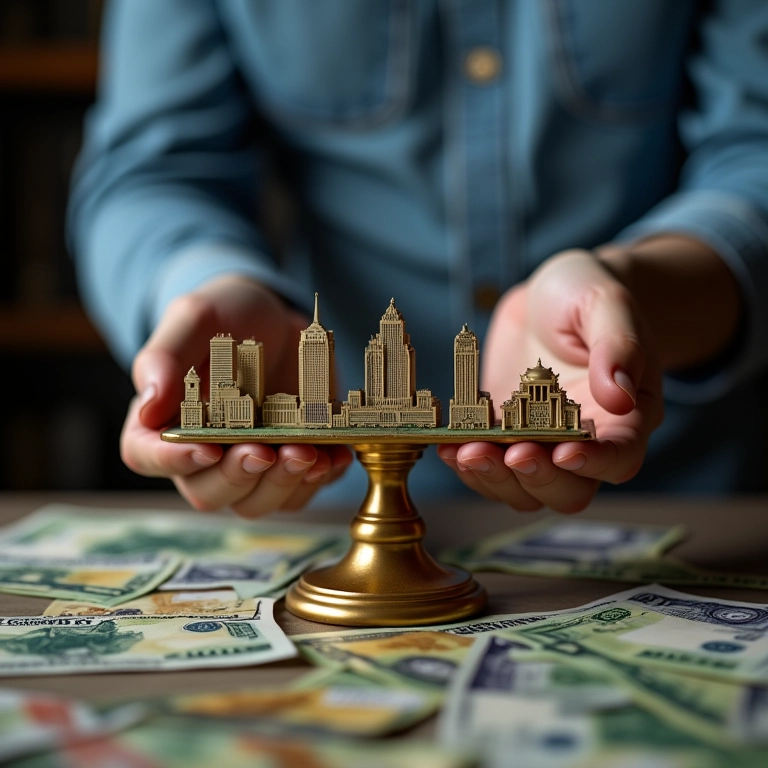 Mãos equilibrando diferentes investimentos em uma balança.