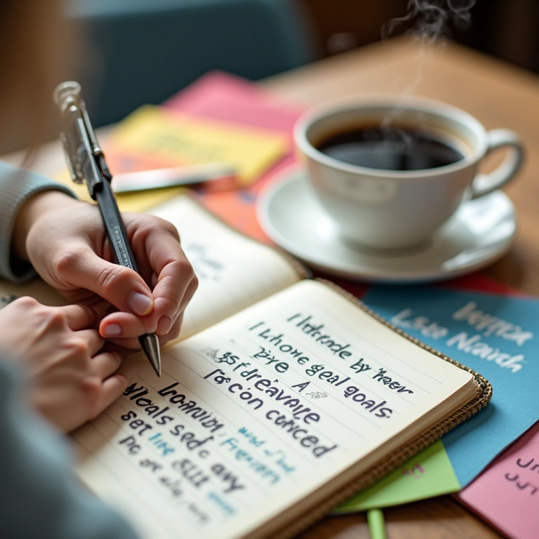Mãos escrevendo em um caderno colorido, cercado por citações motivacionais e uma xícara de café. Conceito de definir metas de aprendizado.