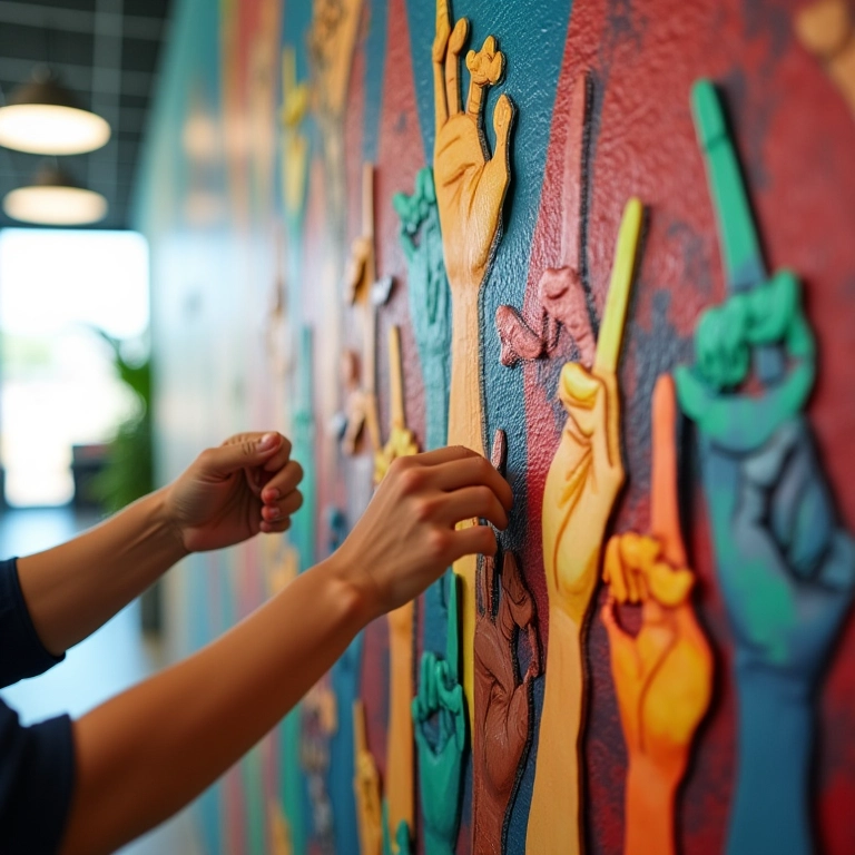 Mãos fixando notas de conquistas em um mural colorido.