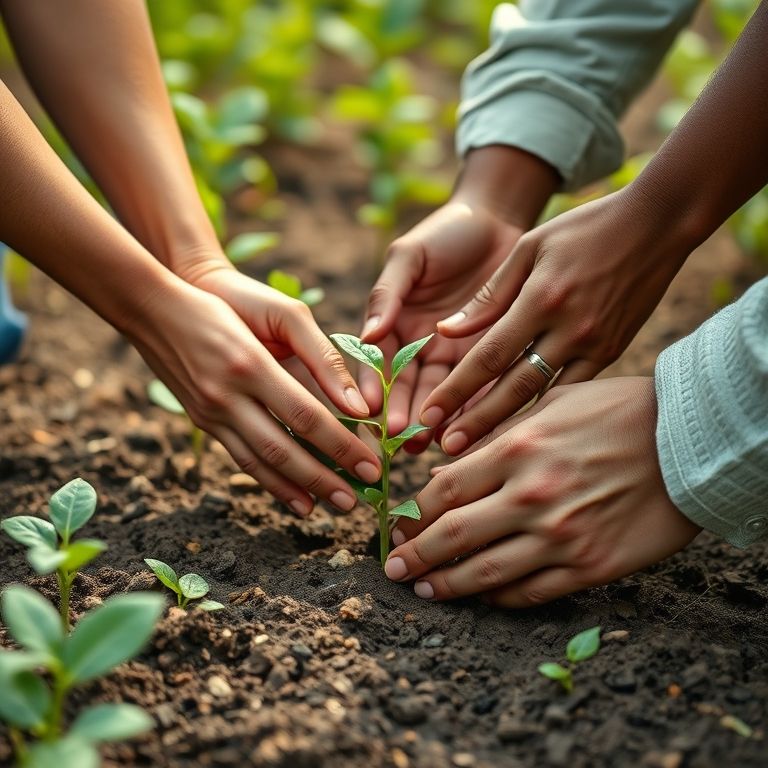 Mãos plantando sementes, crescimento financeiro, antifragilidade.