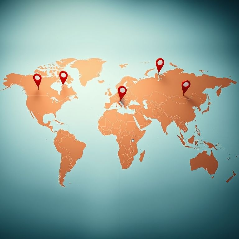 Mapa mundial com pins marcando setores econômicos diversos, representando a diversificação geográfica.