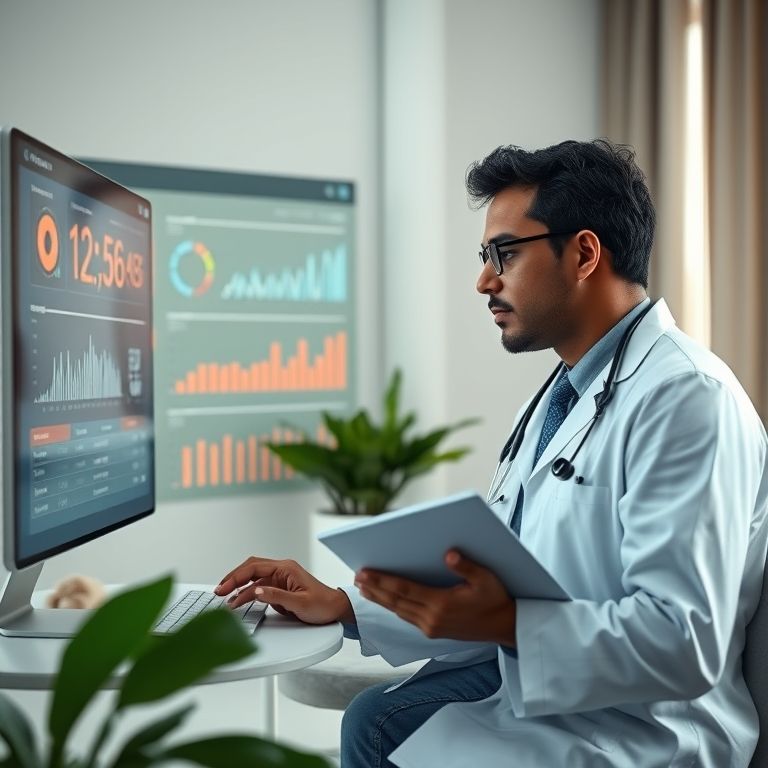 Médico monitorando dados de paciente remotamente via painel de IA.