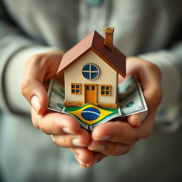 Microcrédito: mãos seguram casa em miniatura com a bandeira do Brasil.