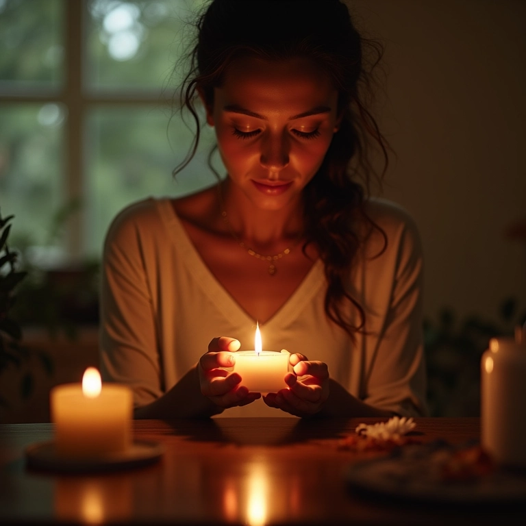 Mulher acendendo vela em ritual de celebração pessoal em casa.
