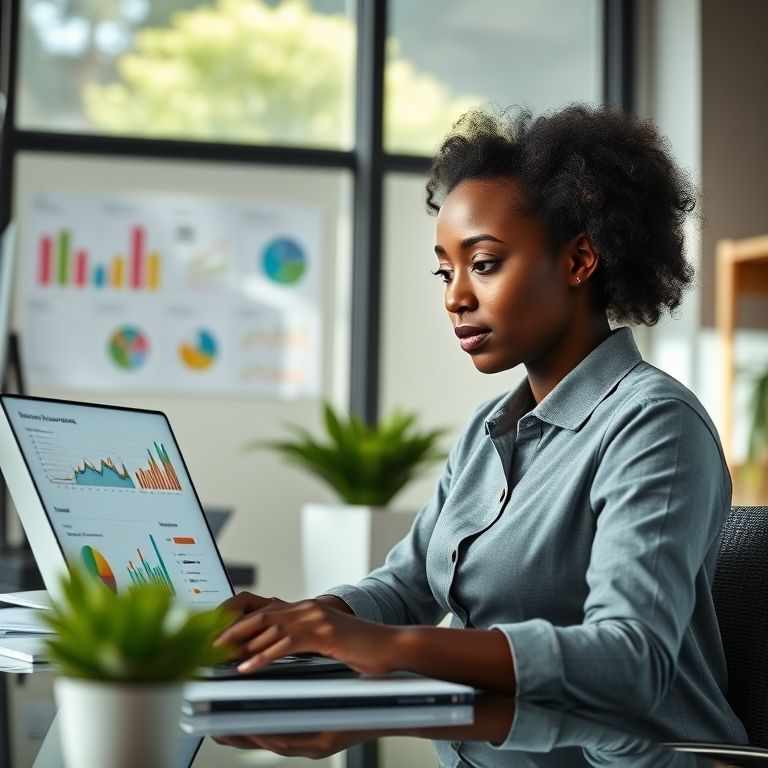 Mulher analisa dados de landing page em laptop, definindo objetivos estratégicos.