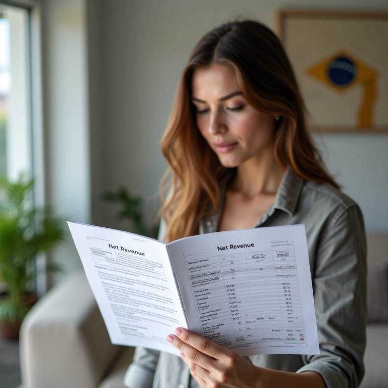 Mulher analisando documentos financeiros com destaque para a Receita Líquida em apartamento com decoração brasileira.