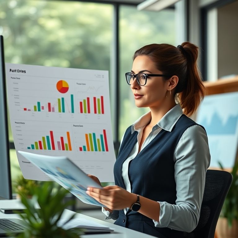 Mulher analisando gráficos de diferentes tipos de ativos, representando a diversificação por tipo de ativo.