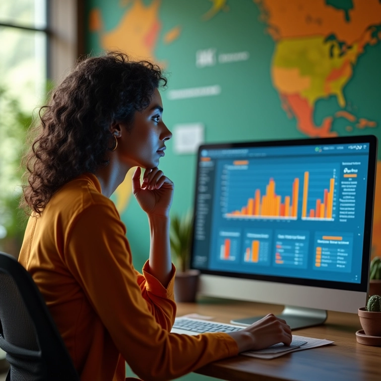 Mulher analisando KPIs em dashboard Power BI.