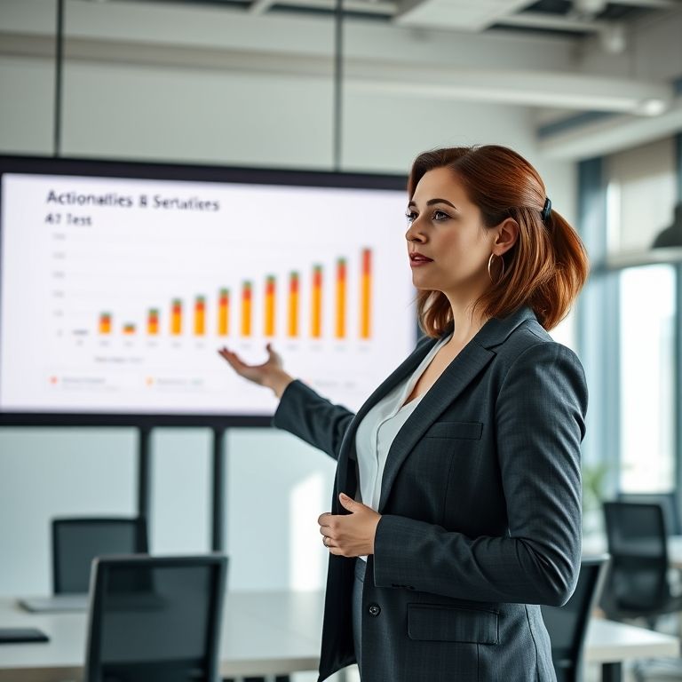 Mulher apresentando resultados de teste A/B com métricas acionáveis.