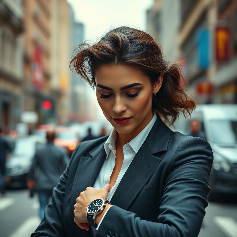 Mulher atrasada olhando o relógio, senso de urgência.