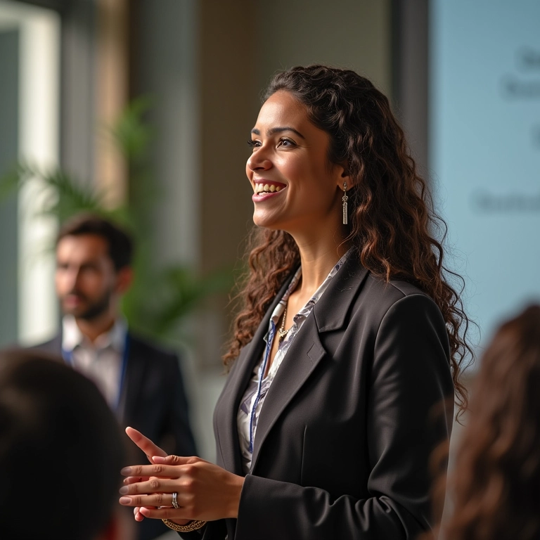 Mulher brasileira apresentando resultados de pesquisa em uma conferência, confiante e sorrindo. Compartilhando conhecimento.
