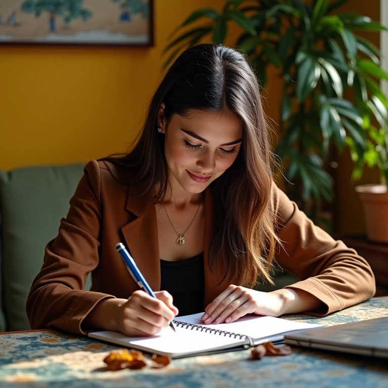 Mulher brasileira controlando gastos em um caderno.